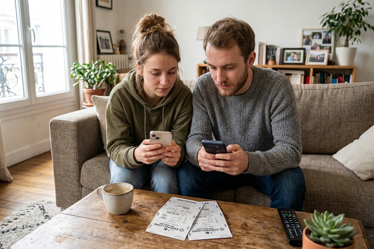Un couple consulte ses tickets de jeu FDJ sur le canapé, à la maison